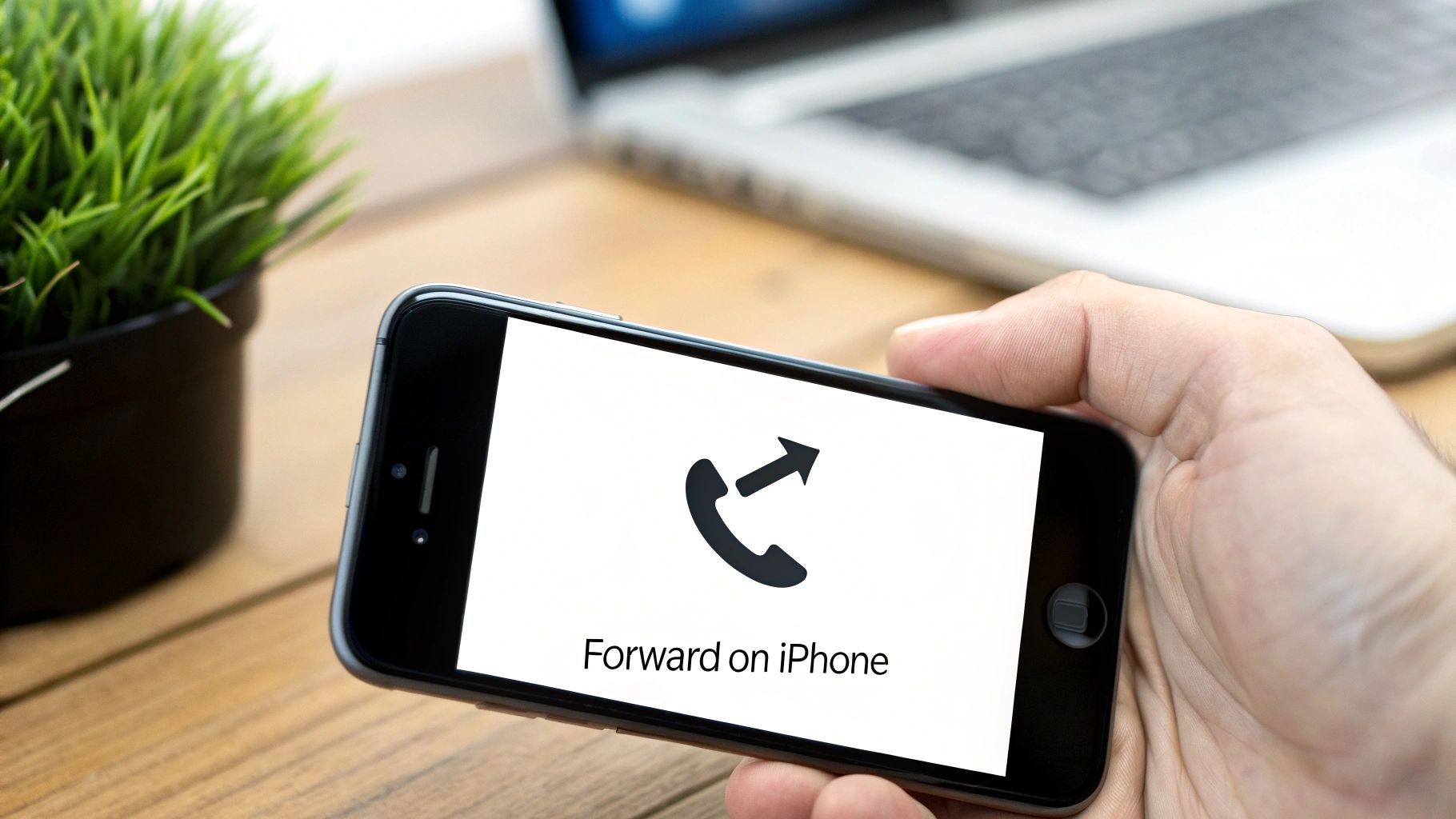 A hand holds an iPhone displaying a call forwarding icon and 'Forward on iPhone' text.
