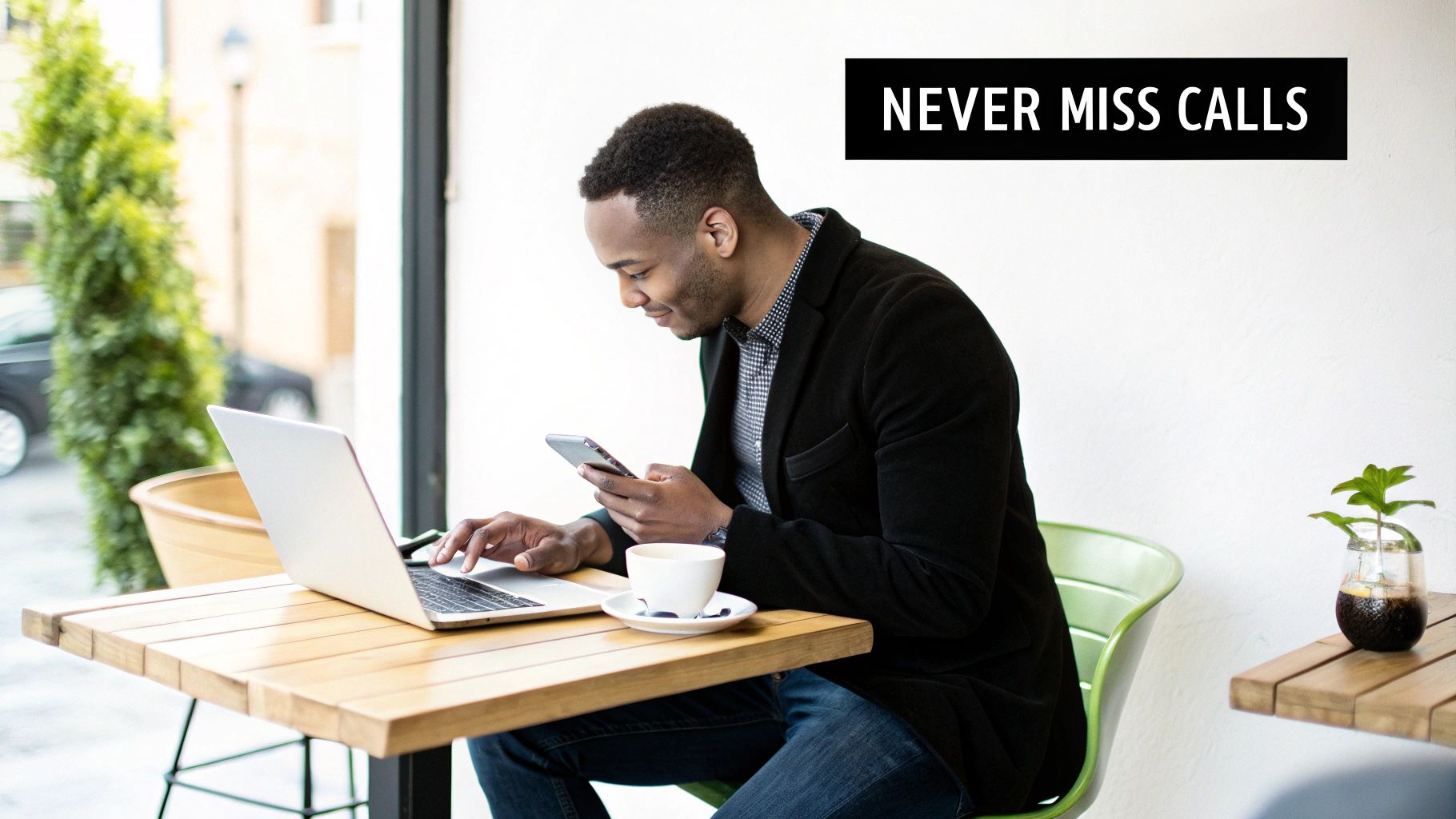A man multitasks on a laptop and smartphone at a cafe table with coffee.