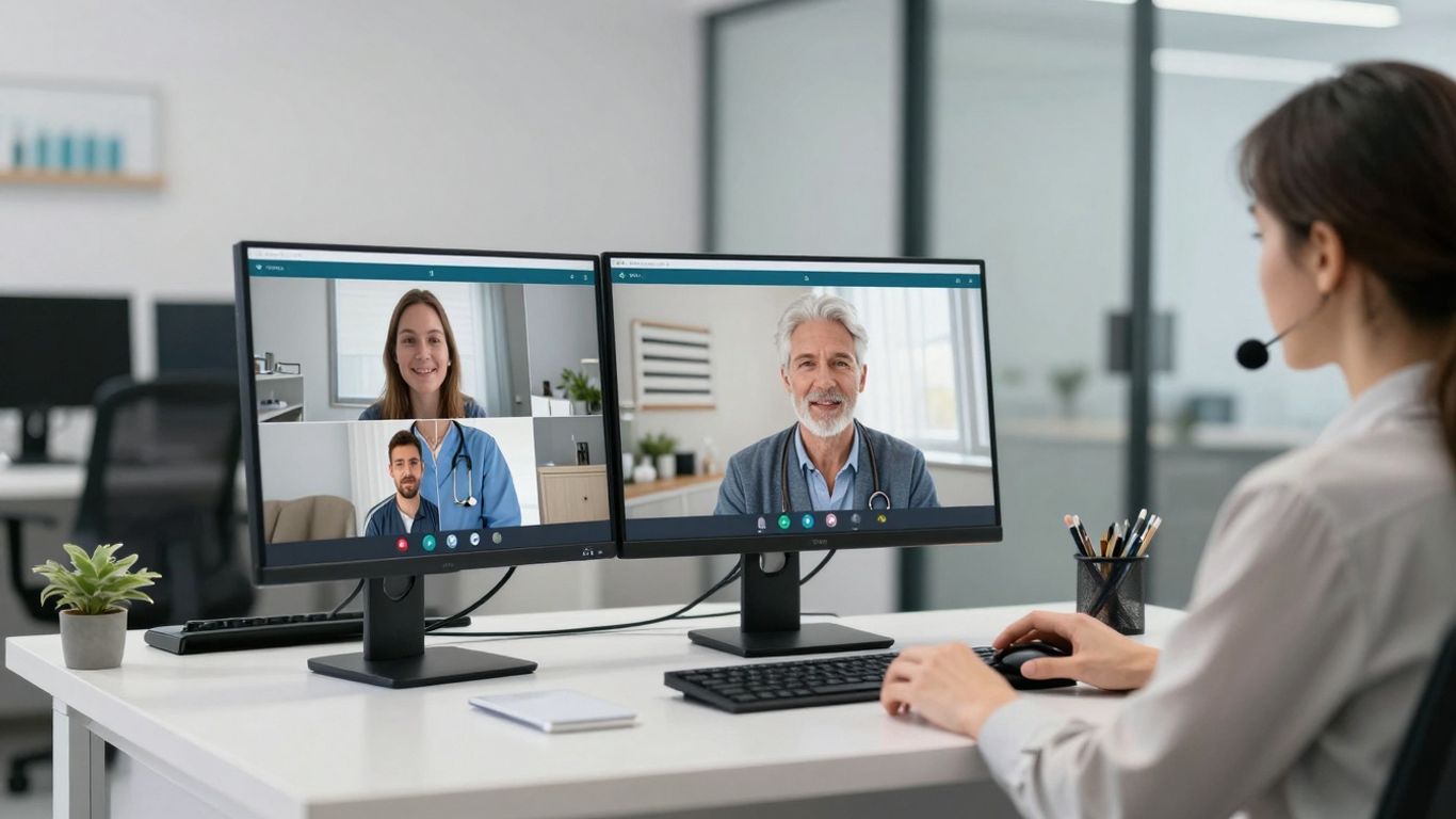 Virtual receptionist assisting patient on computer screen.