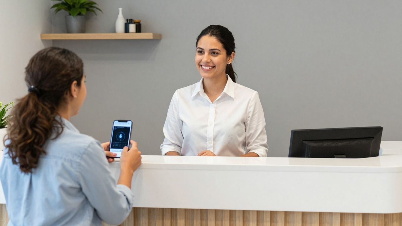HIPAA-compliant receptionist and patient in a modern office.