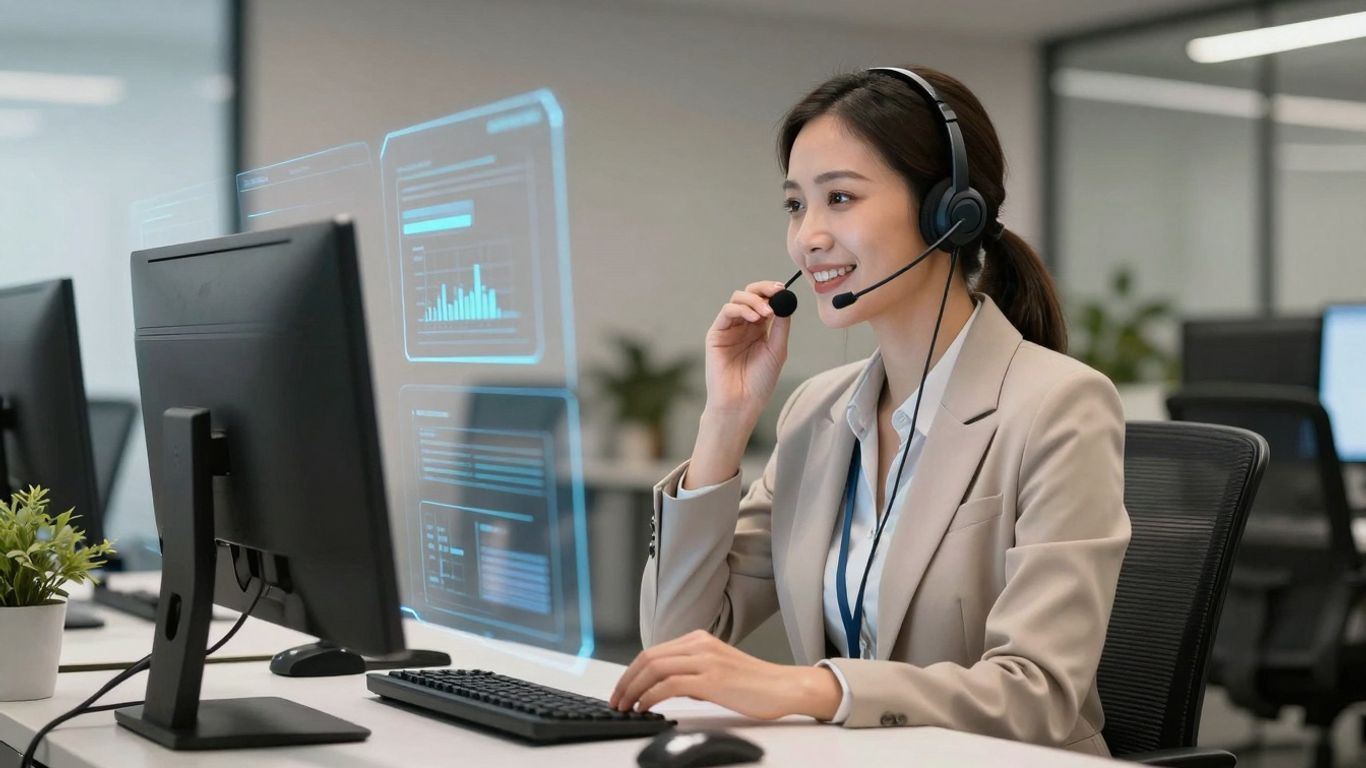 Virtual receptionist handling calls in a modern office.