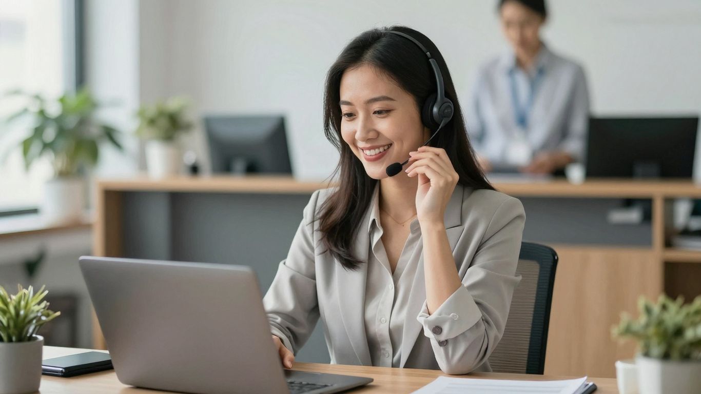 Professional virtual receptionist in a modern office setting.