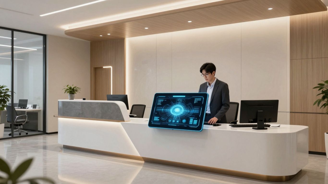 AI receptionist interface in a modern medical office.