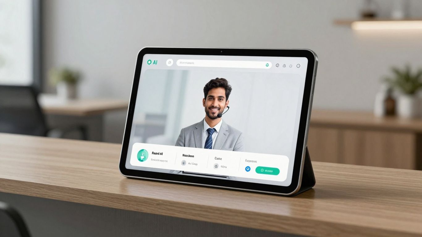 AI receptionist interface on a tablet in an office.