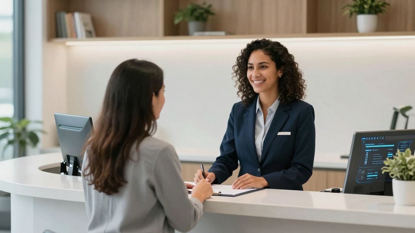 AI receptionist assisting patient in modern medical office.