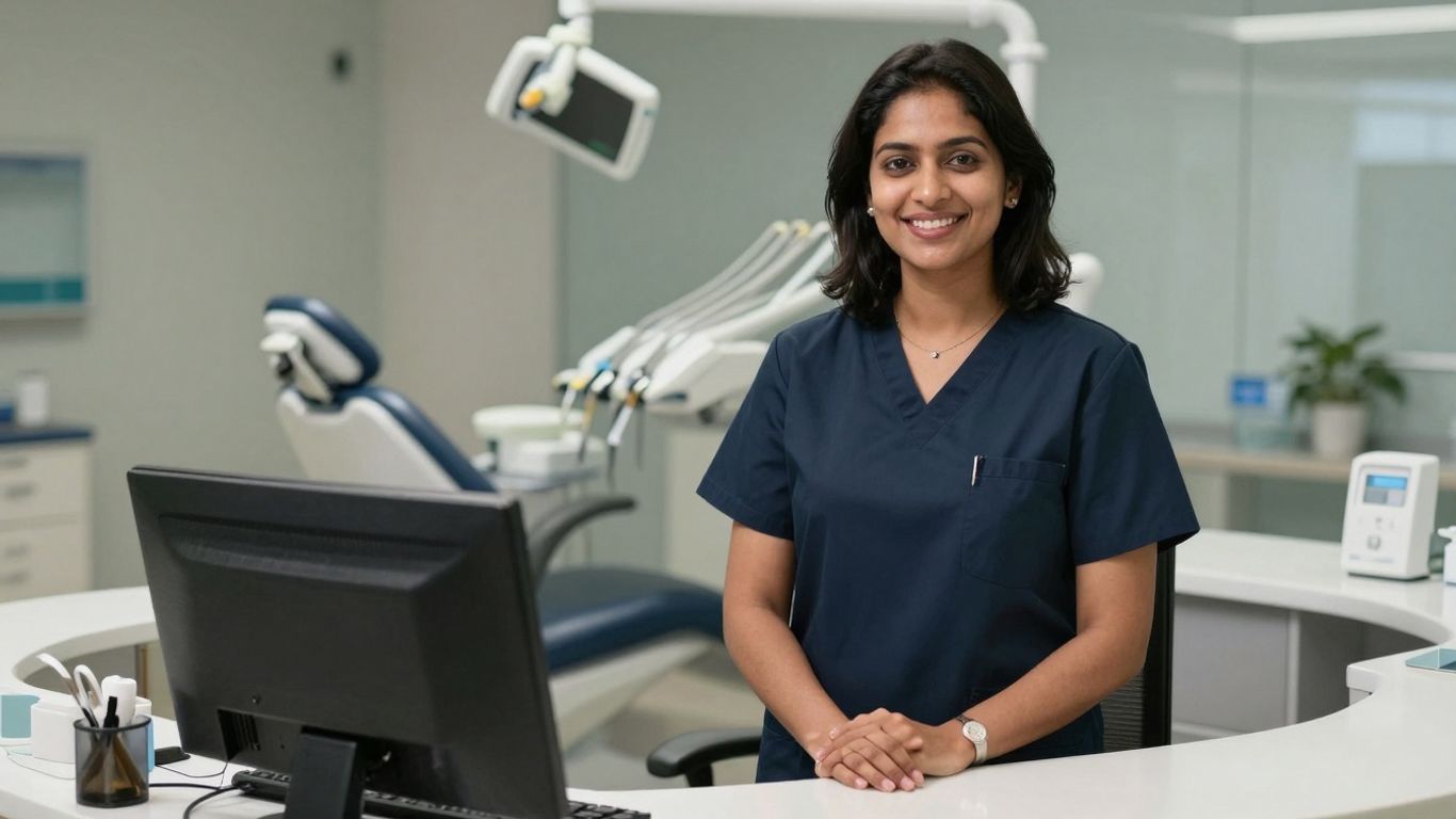 Dental receptionist at a clean, modern reception desk.