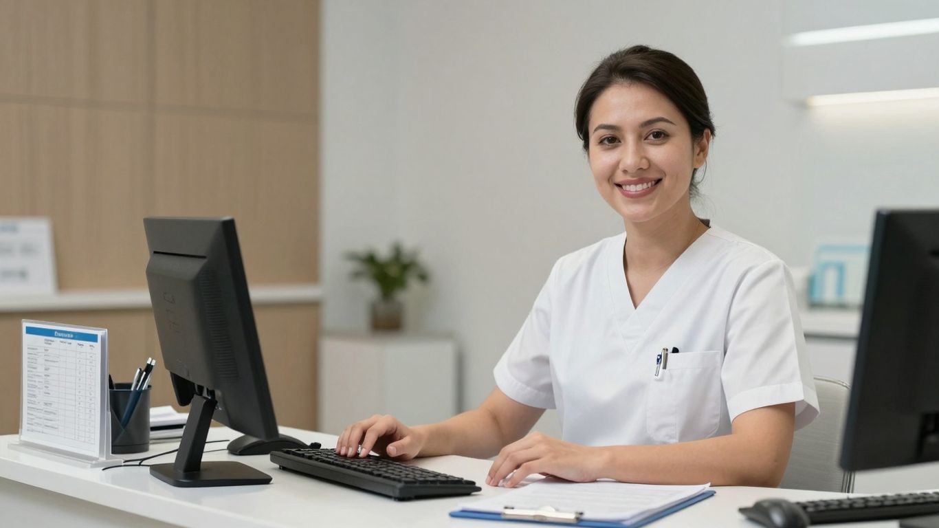 Dental receptionist at desk in HIPAA compliant office.