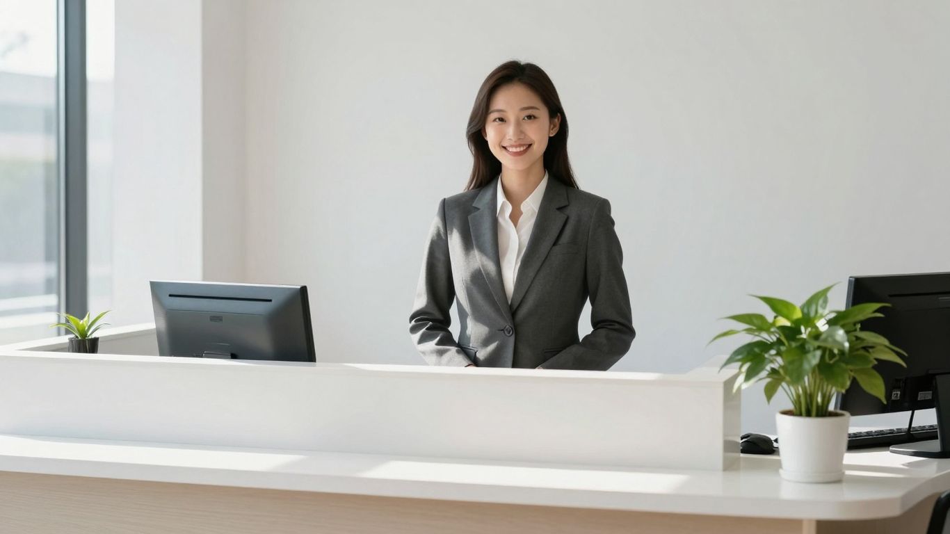 Professional receptionist in a modern office setting.