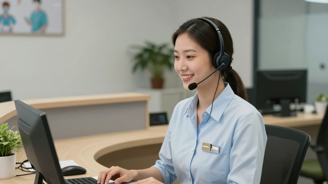 HIPAA-compliant receptionist providing professional service.