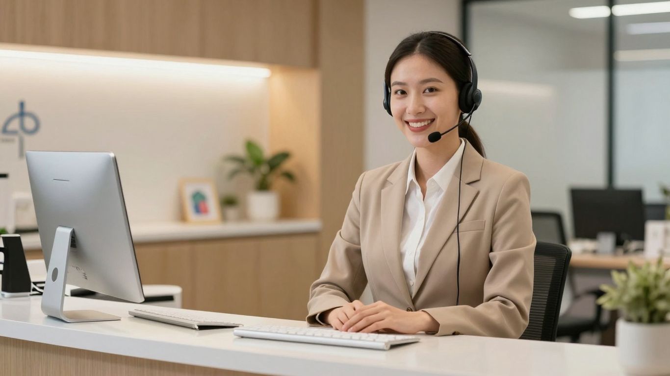 HIPAA-compliant receptionist assisting a patient at a desk.