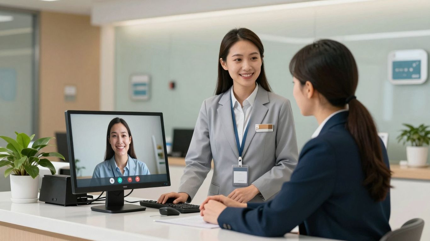 Clinic receptionist using AI for virtual patient interaction.