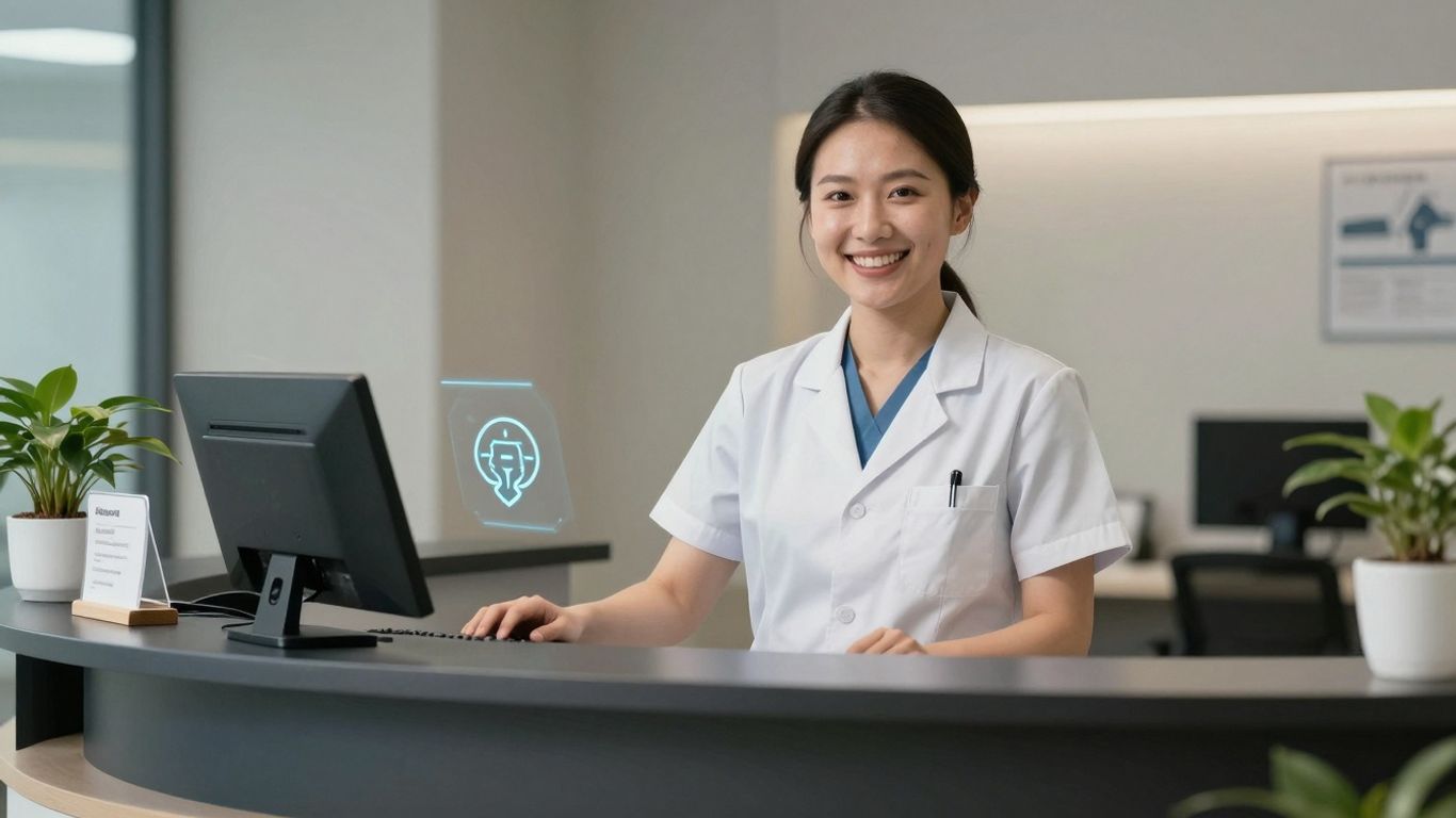 HIPAA-compliant virtual receptionist in a modern clinic.