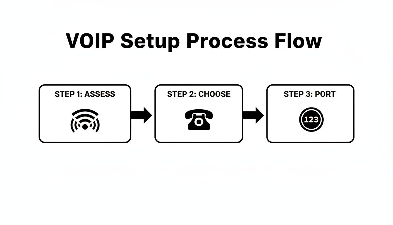 A VOIP setup process flow diagram showing three steps: Assess, Choose, and Port.