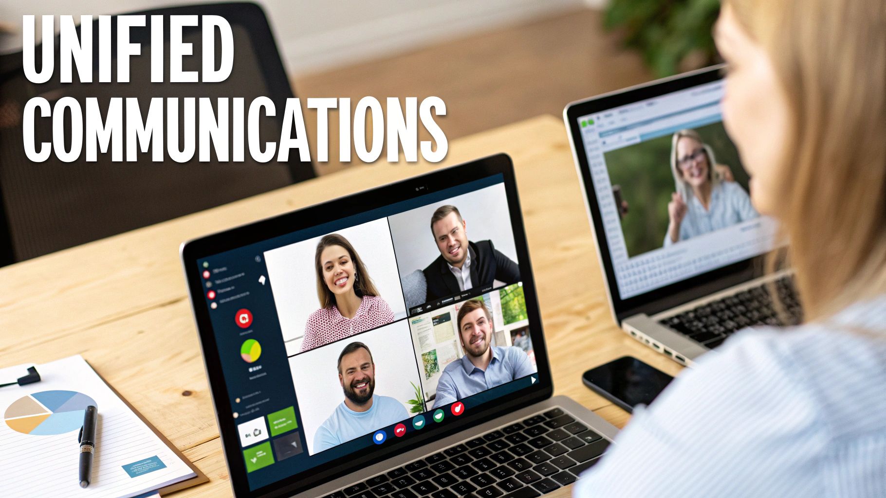 A woman participates in a video conference on a laptop, featuring multiple smiling participants, highlighting unified communications.