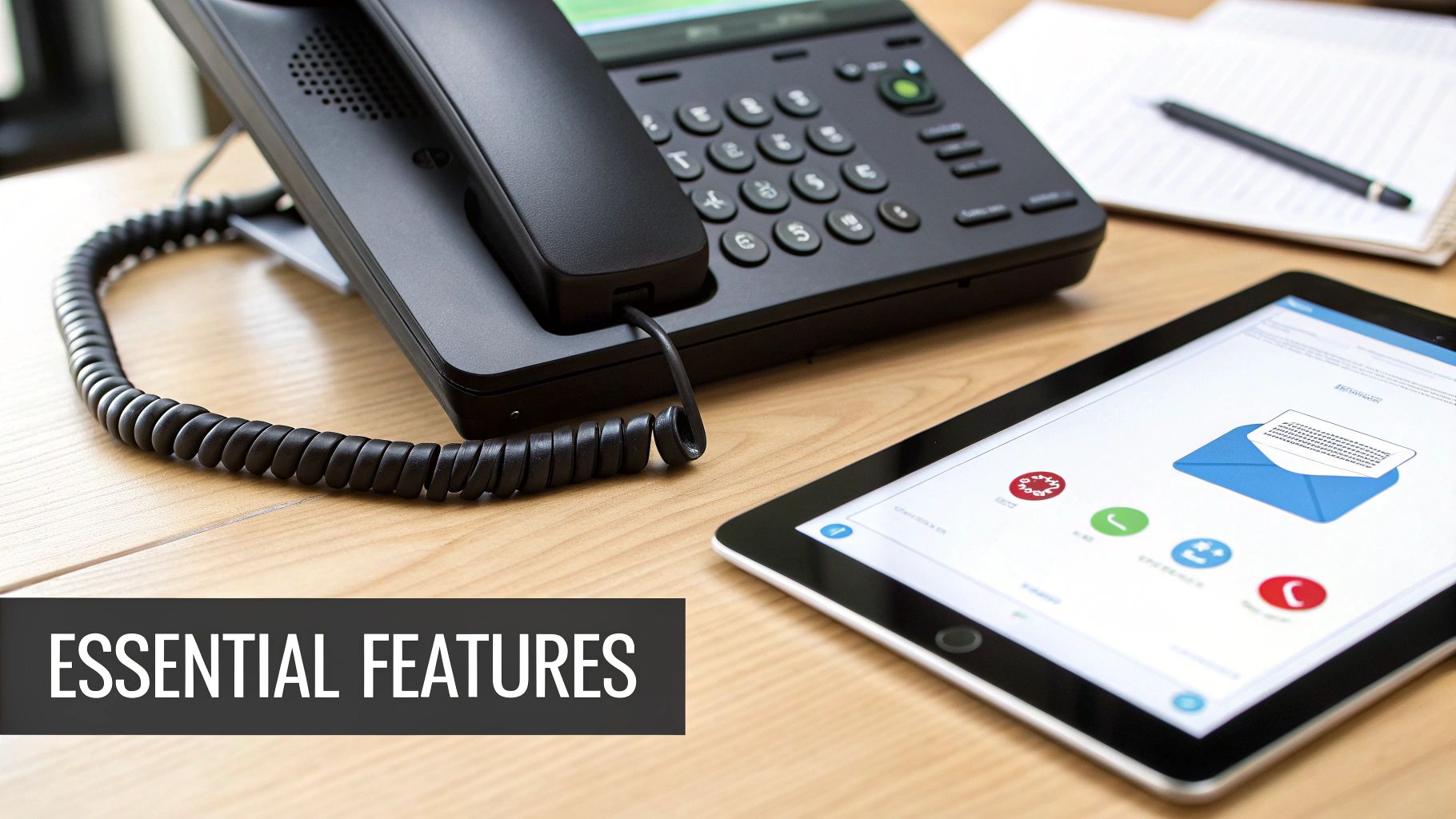 Office desk with a black VoIP phone, digital tablet, and notebook, highlighting essential features.