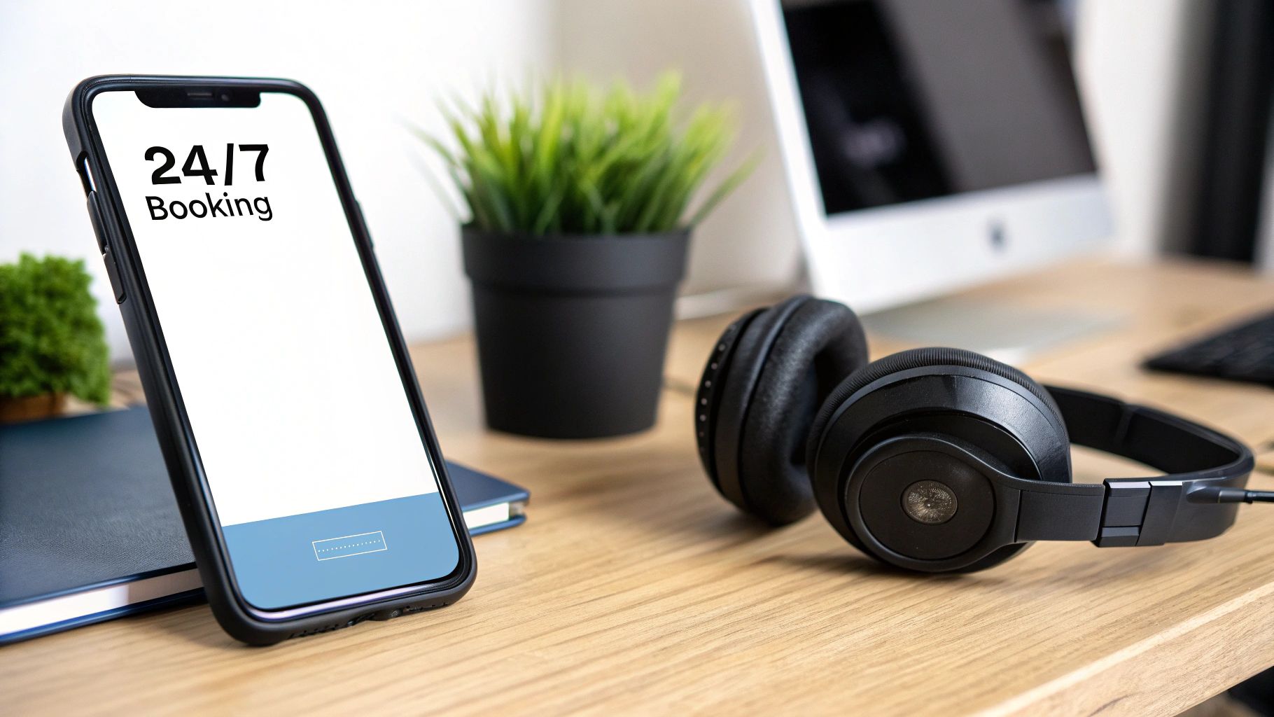 A smartphone displaying "24/7 Booking" on a wooden desk alongside headphones, a plant, and a computer monitor.