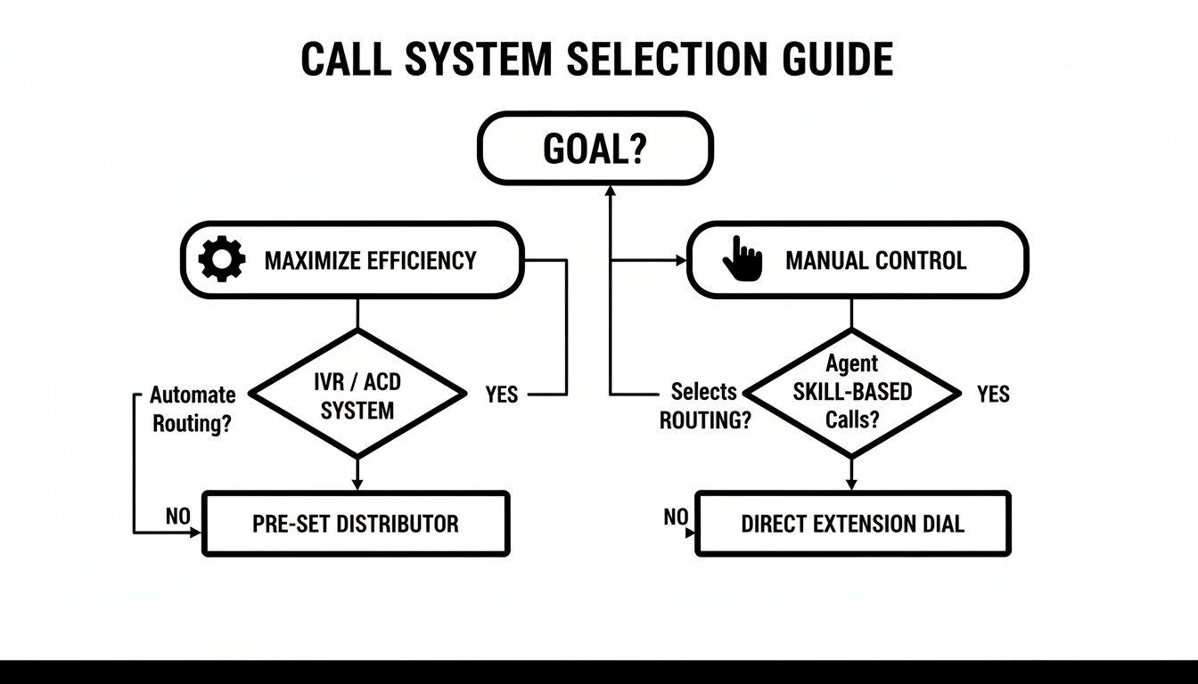 Flowchart guiding call system selection based on maximizing efficiency or manual control, with routing options.