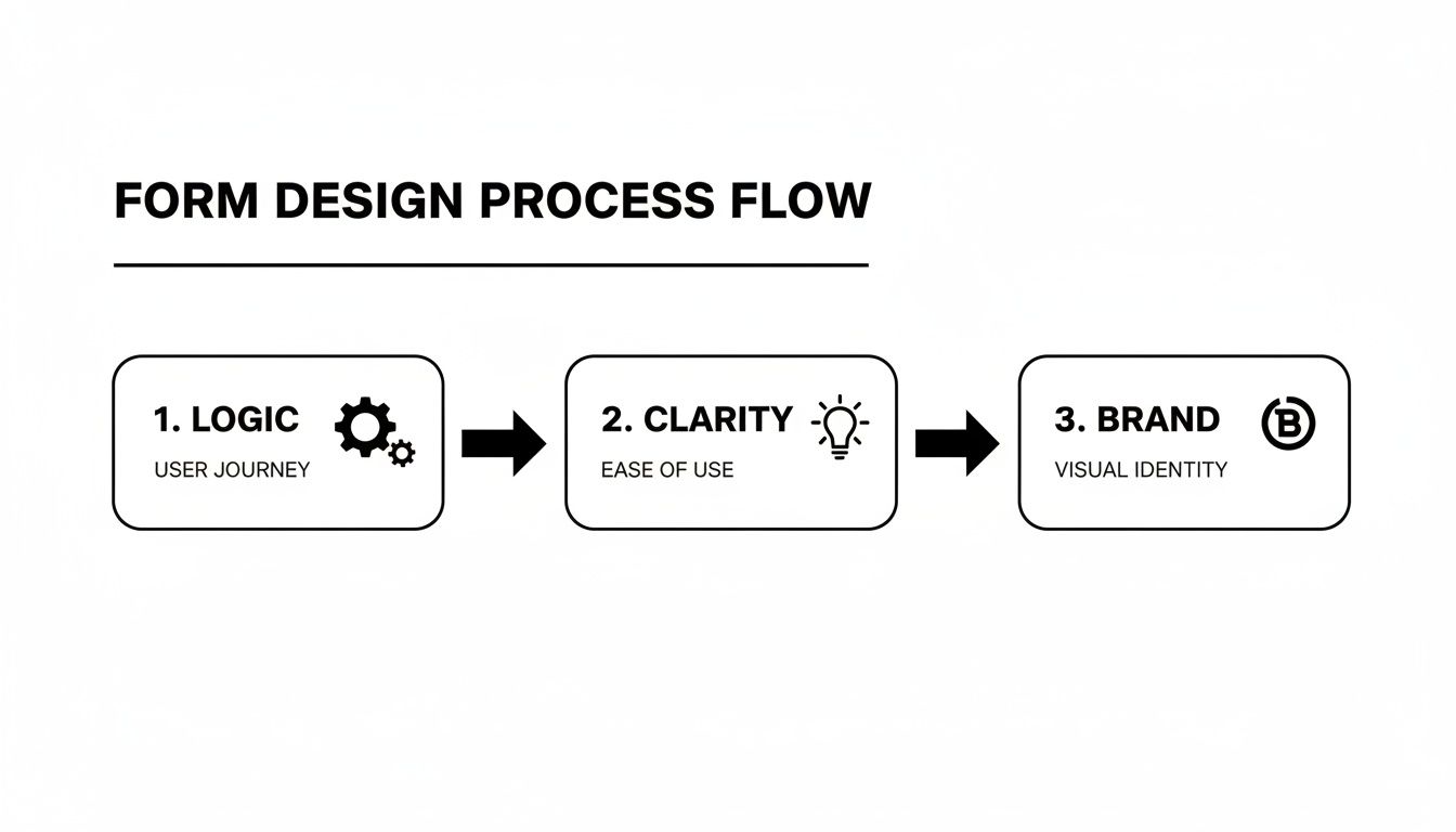 A diagram illustrating the form design process flow: Logic (user journey), Clarity (ease of use), and Brand (visual identity).