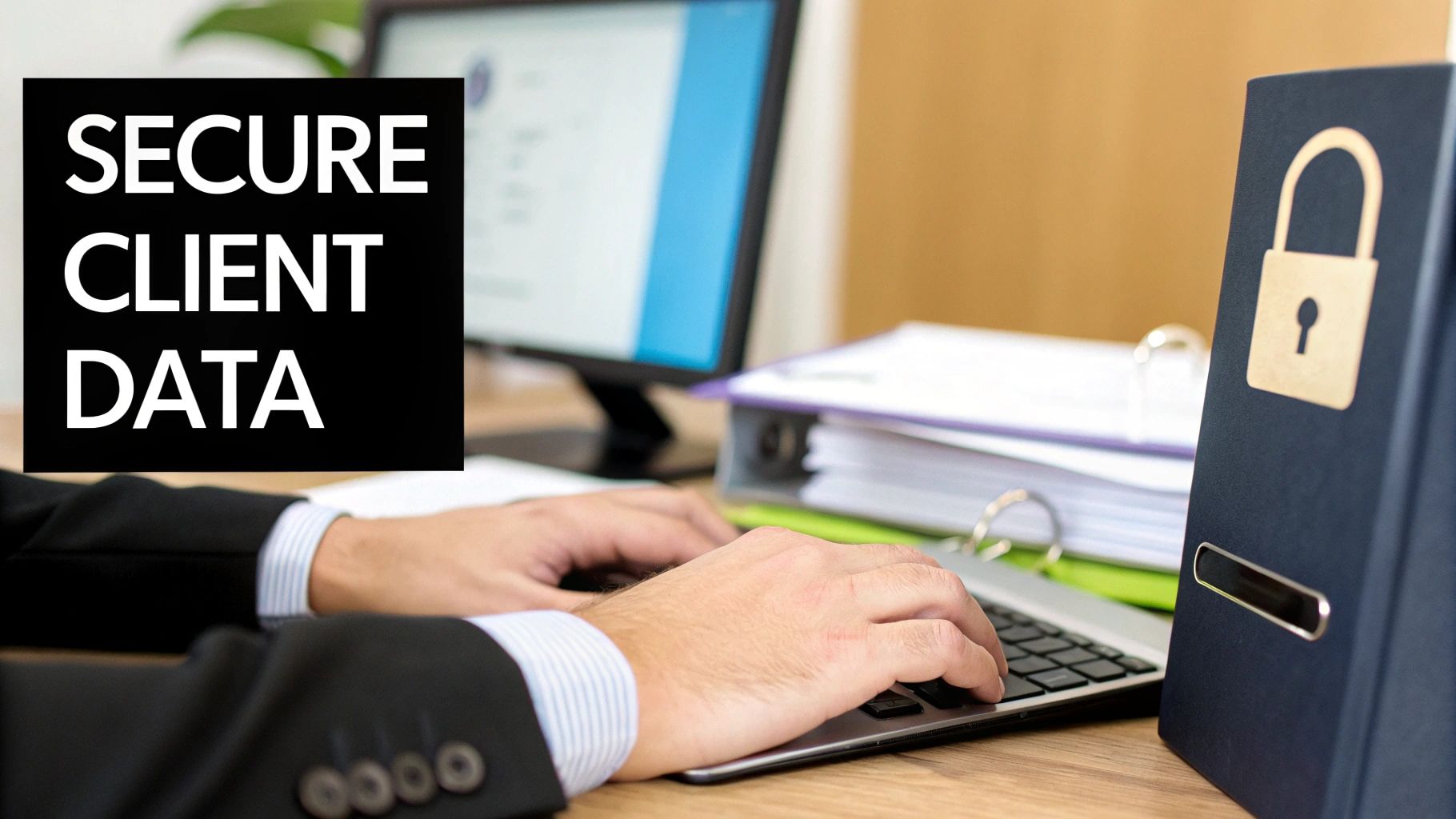 A person works on a laptop with a 'Secure Client Data' sign and a file showing a lock icon.