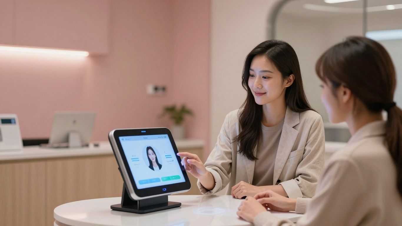 AI receptionist interface in a modern dental office.