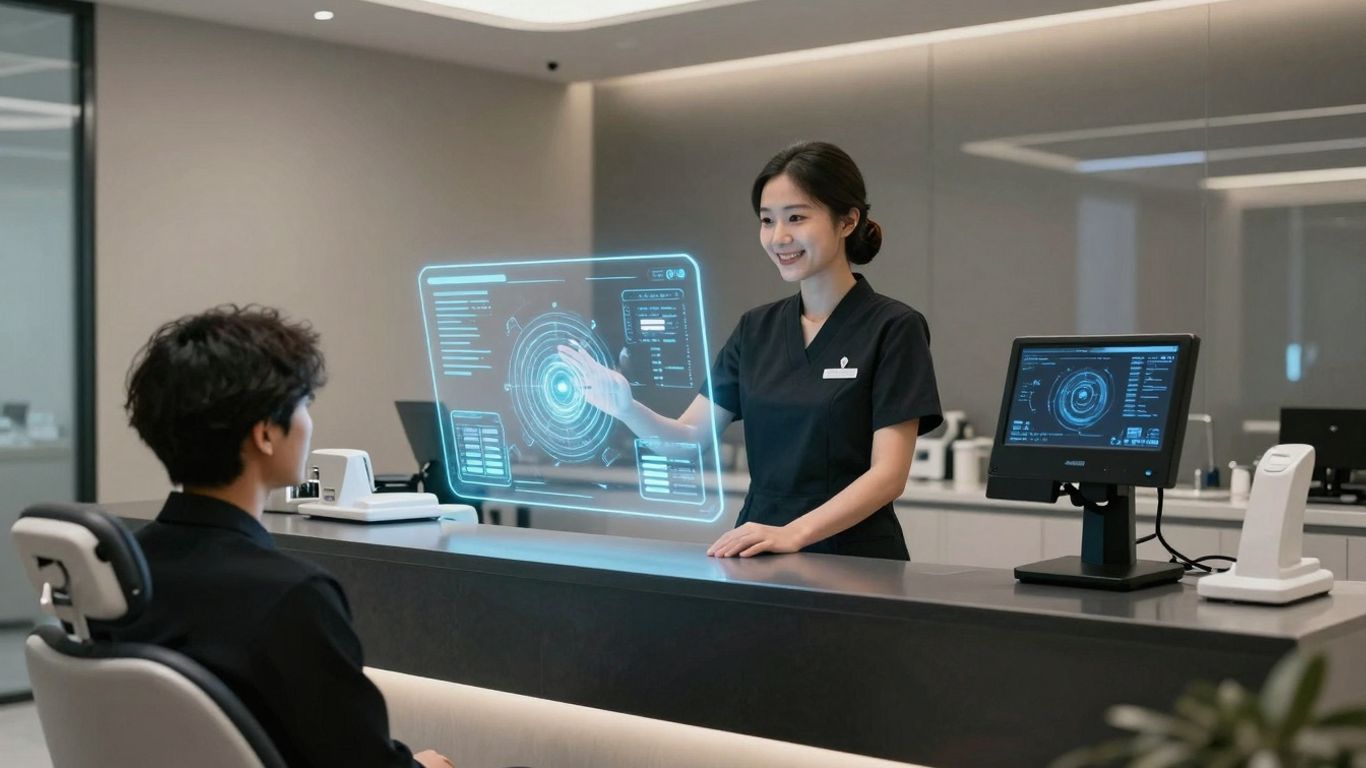 AI receptionist assisting a patient in a dental office.