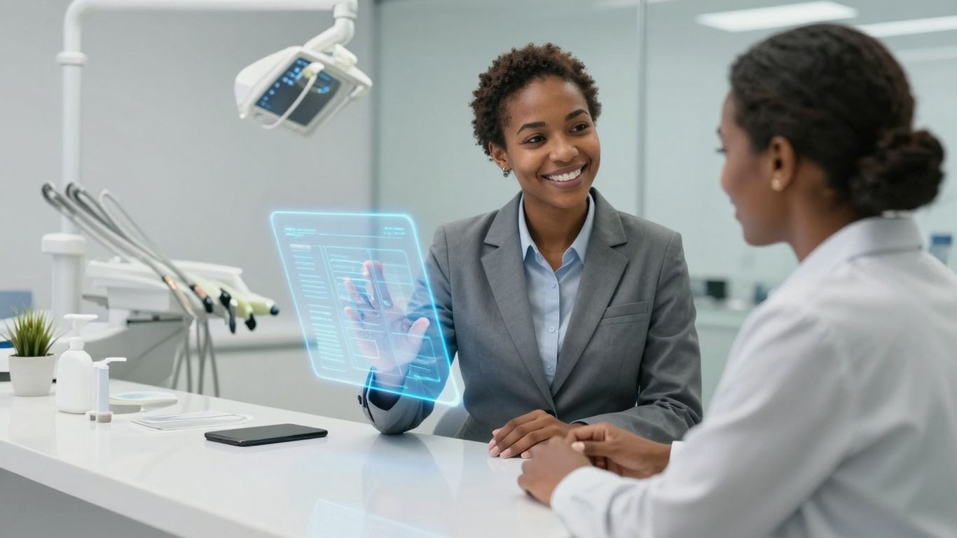 AI receptionist assisting a patient in a dental office.