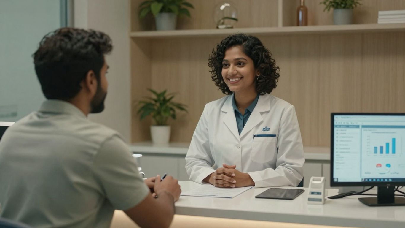 Dental receptionist assisting a patient at the front desk.
