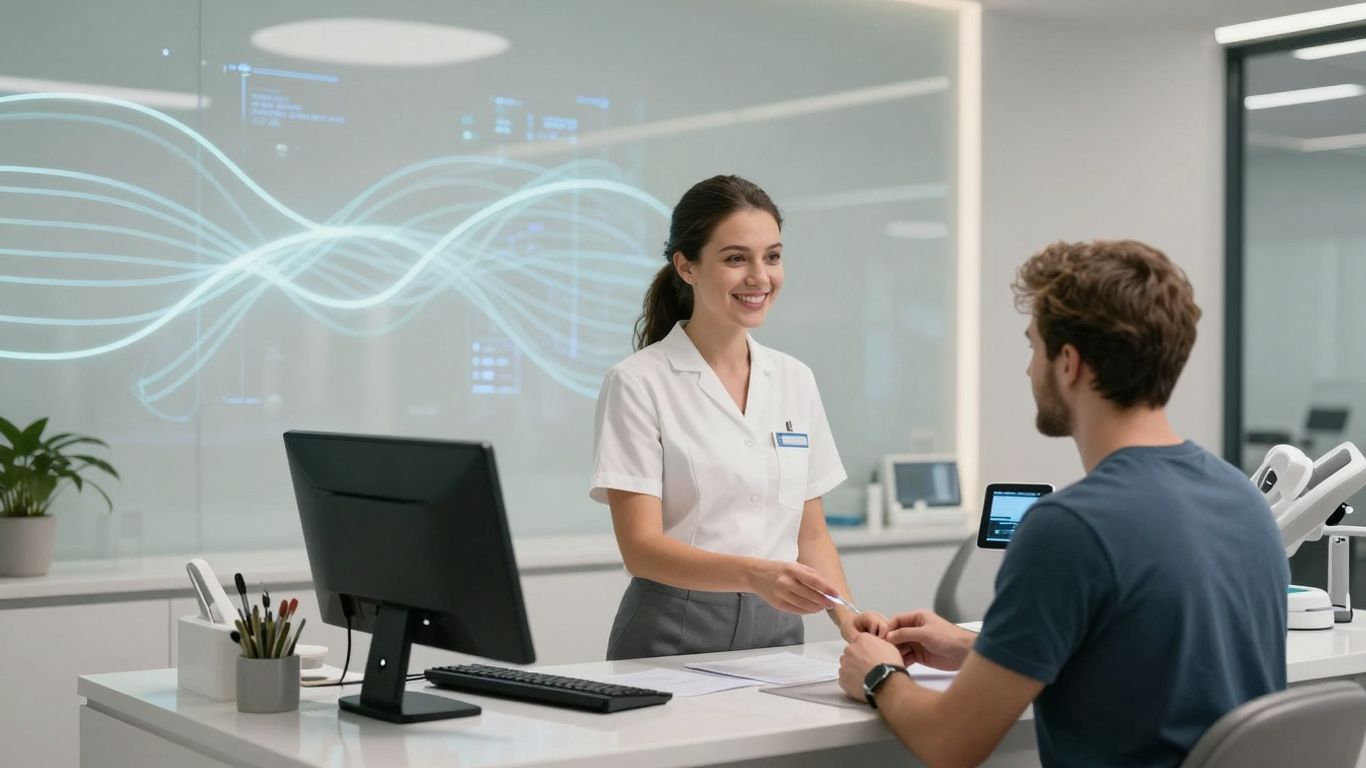 Dental receptionist using AI technology for patient care.