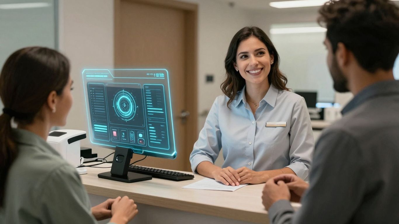 Dental receptionist using AI to help a patient.