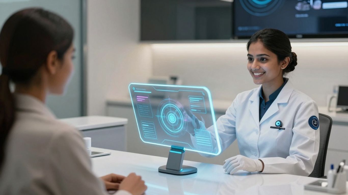 AI receptionist assisting patient in a dental office.