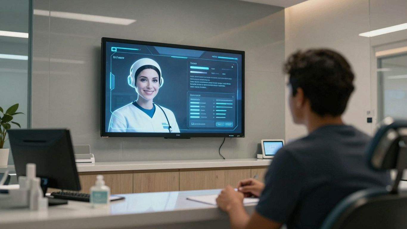 AI receptionist assisting patient in dental office.