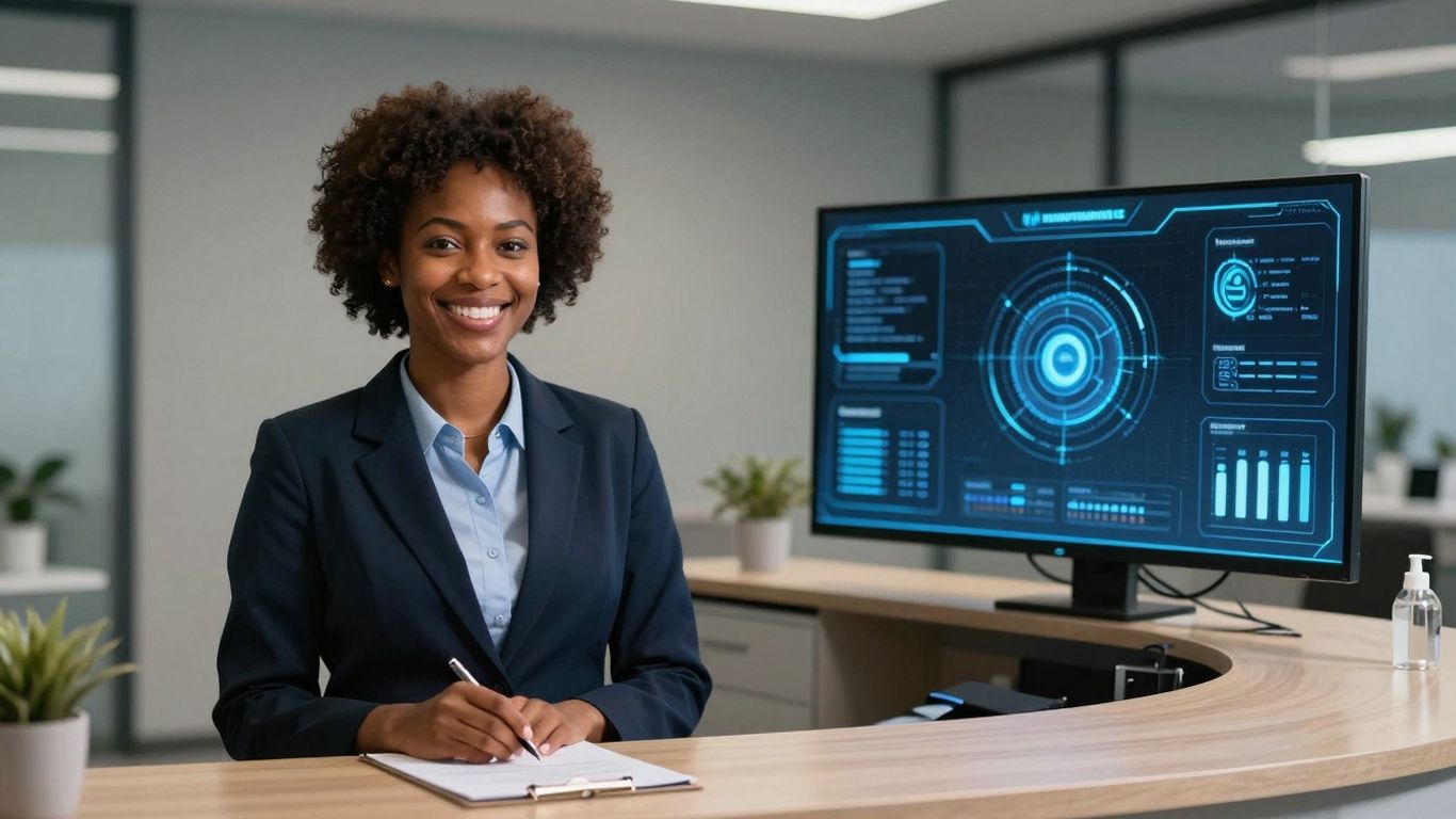 Receptionist and AI interface in a dental office.