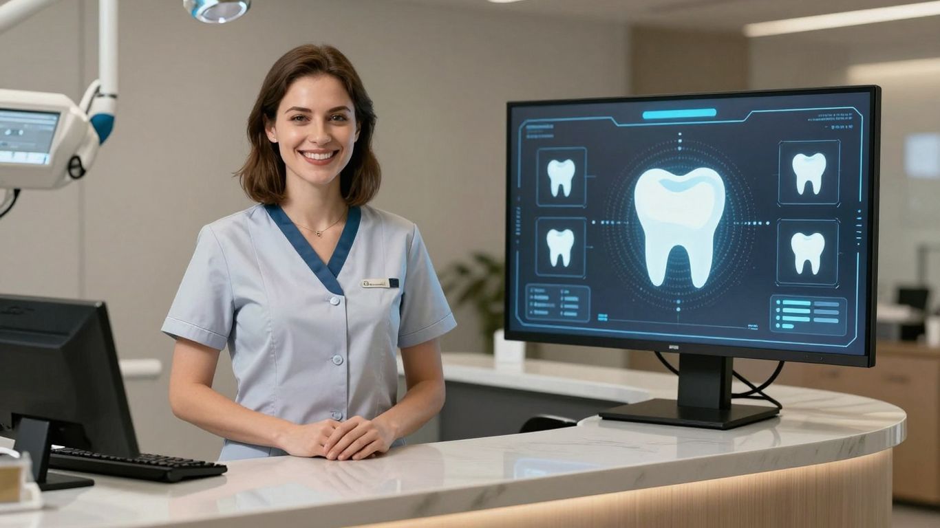 Receptionist and AI interface comparing dental practice solutions.