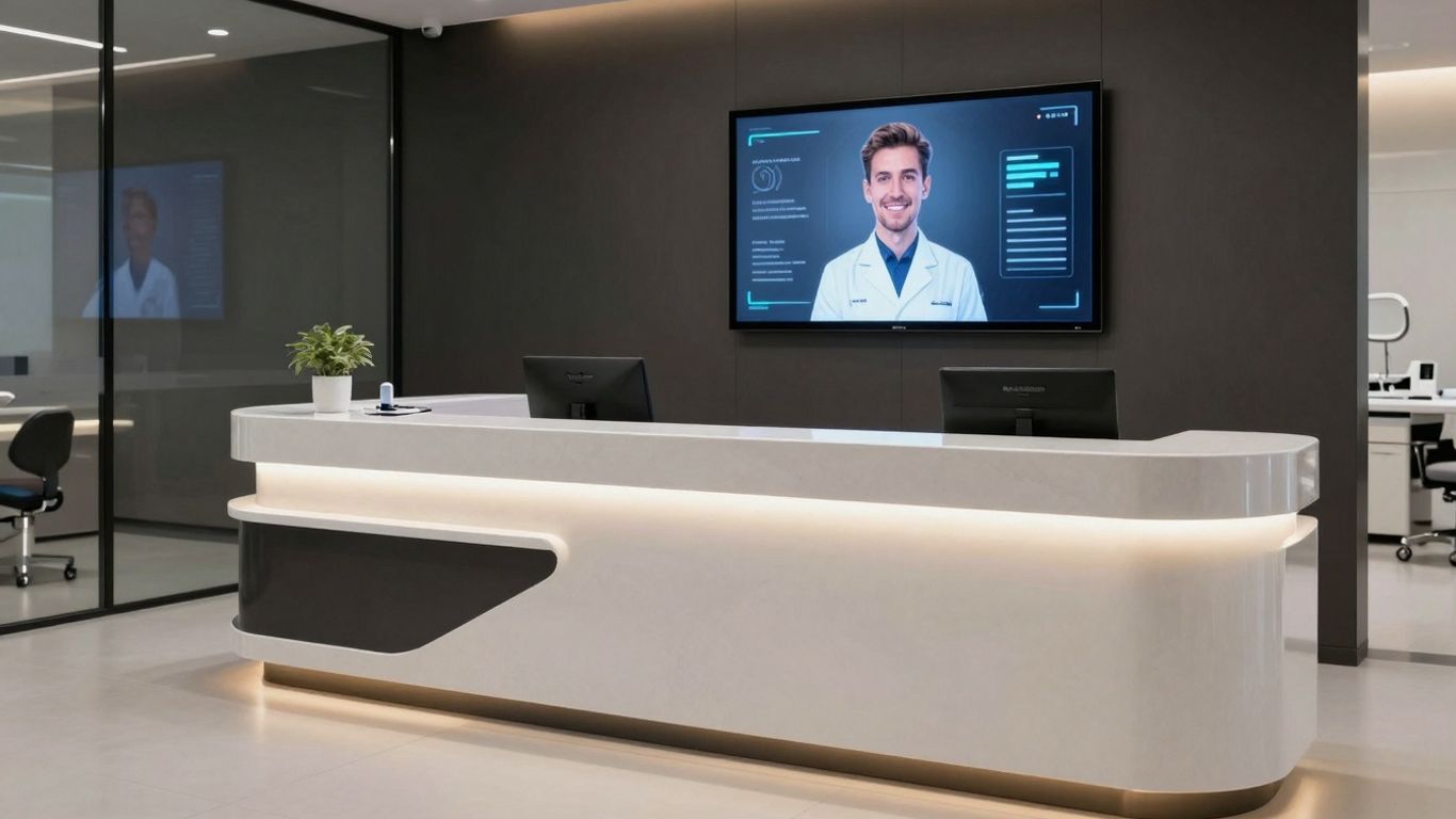 AI dental receptionist interface in a modern clinic.