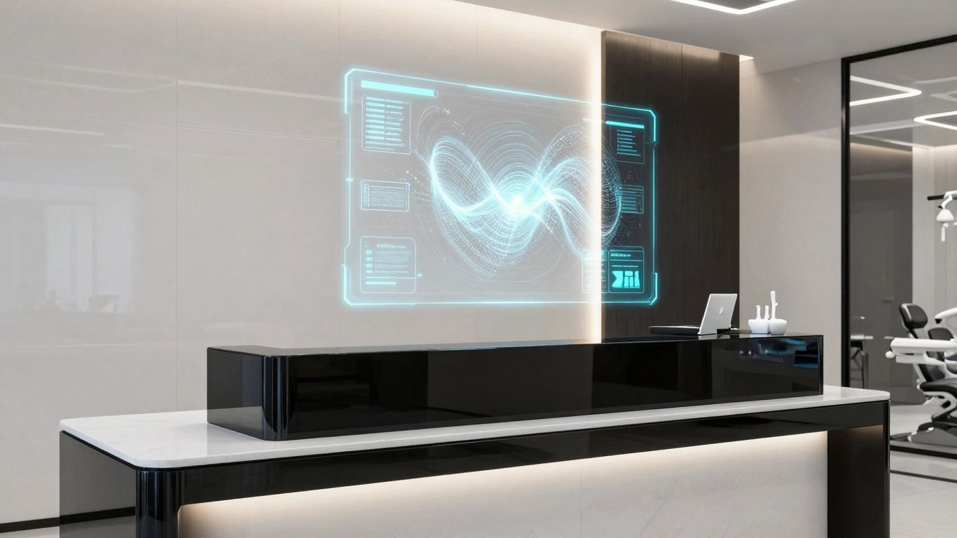 AI dental receptionist interface in a modern clinic.