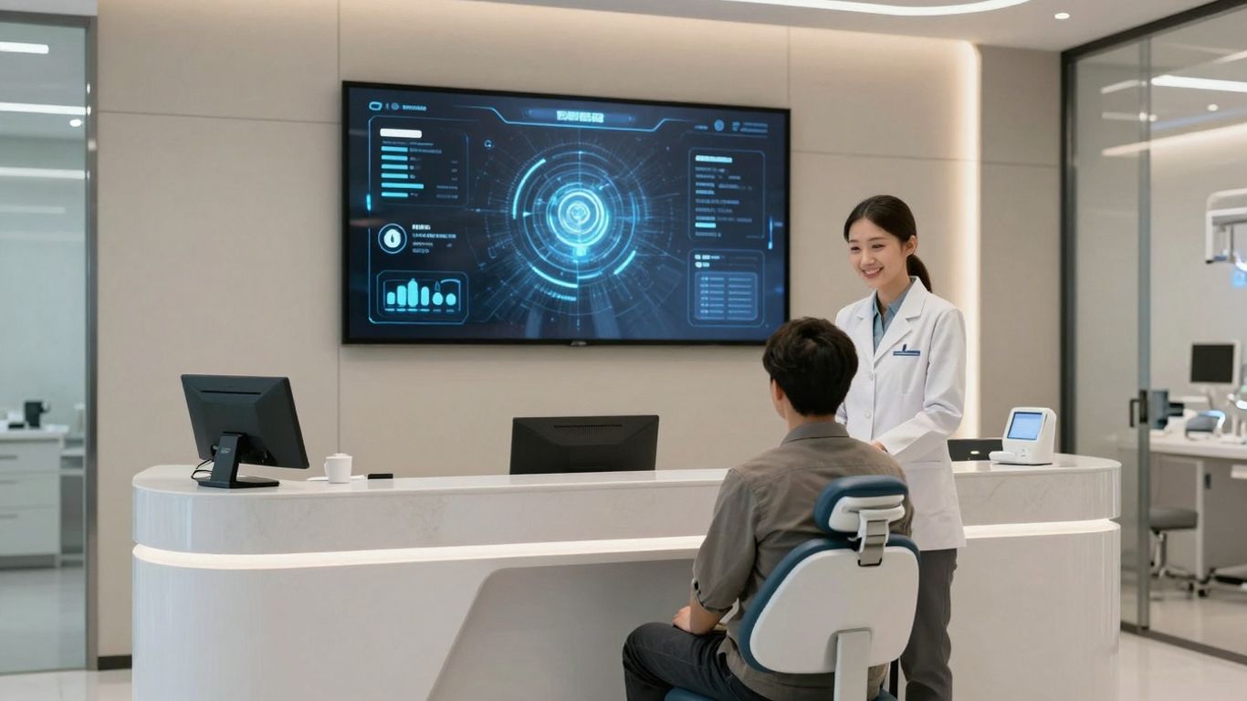AI dental receptionist interface in a modern office.
