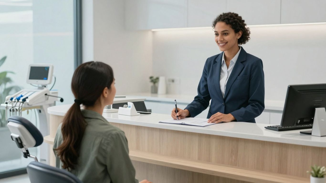 Dental receptionist assisting a patient in a modern office.
