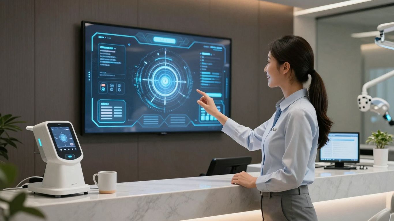 Dental receptionist using AI interface at the front desk.