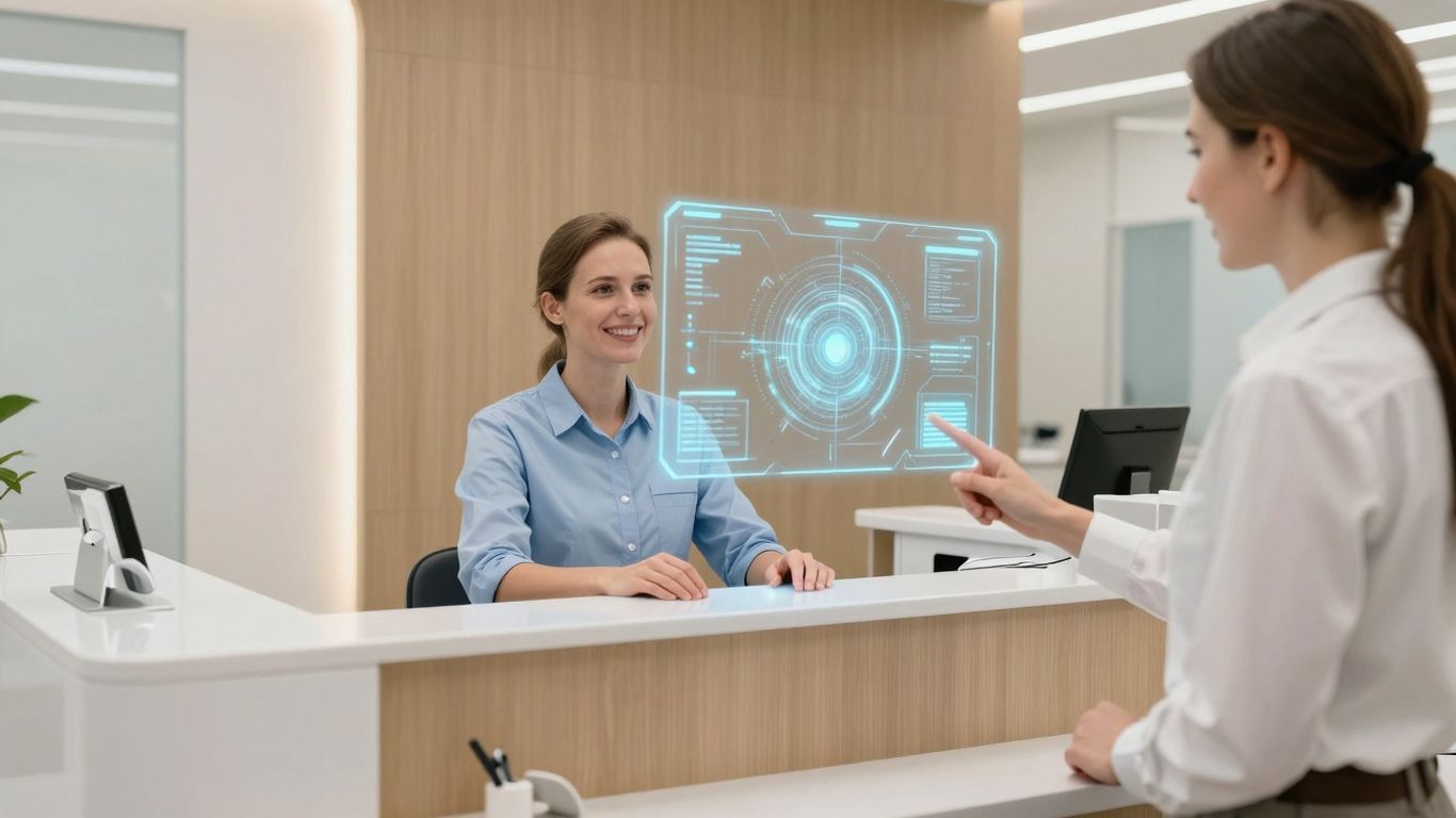 Dental receptionist using AI interface for practice operations.