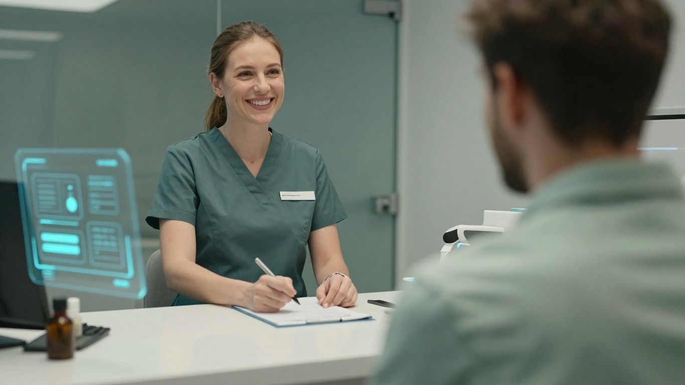 Dental receptionist using AI for patient communication.