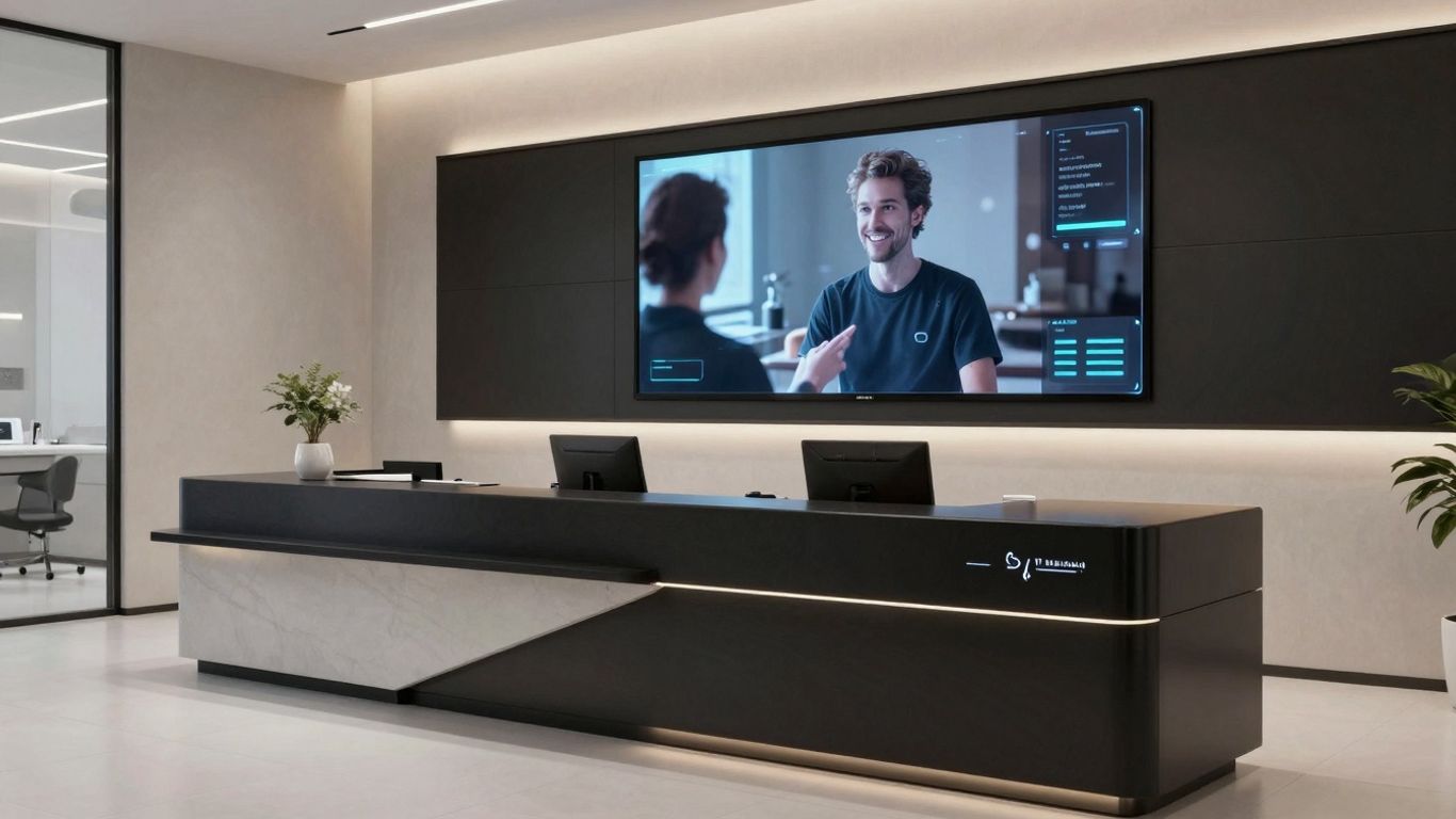 Arini AI dental receptionist interface in a modern office.