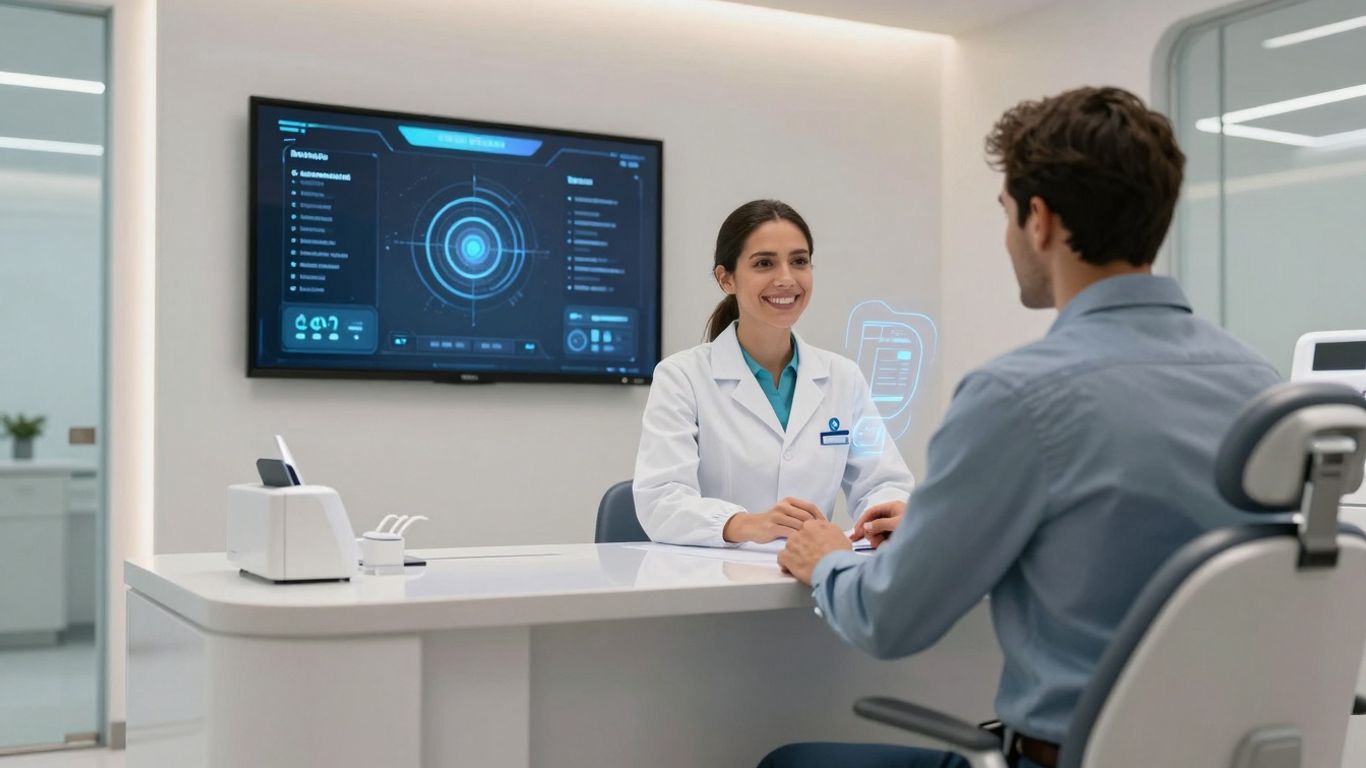 AI receptionist assisting patient in modern dental office.
