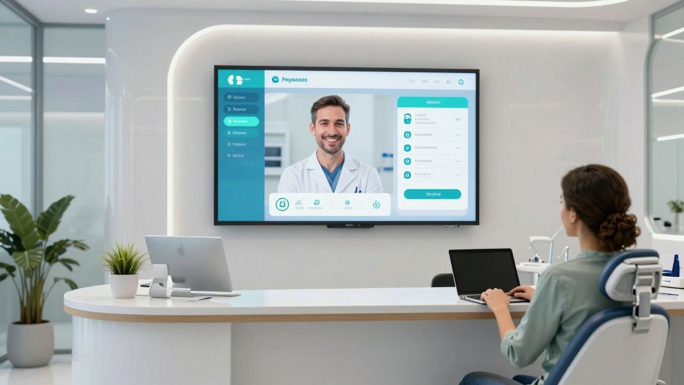 AI dental receptionist software interface on a screen.