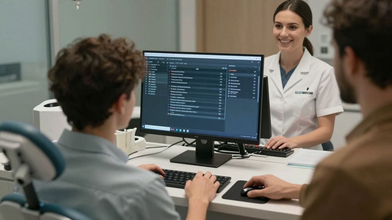 AI dental receptionist software interface and office.