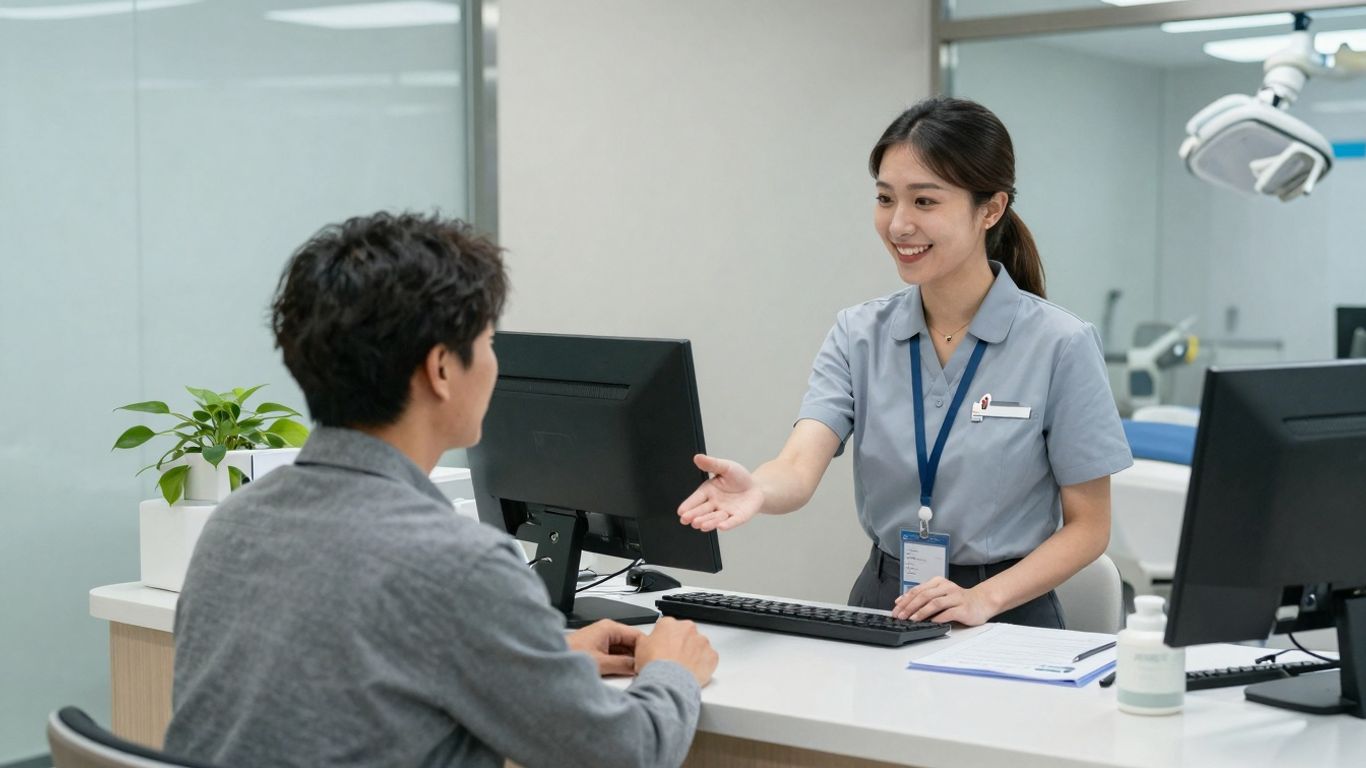 Dental receptionist assisting patient with technology.