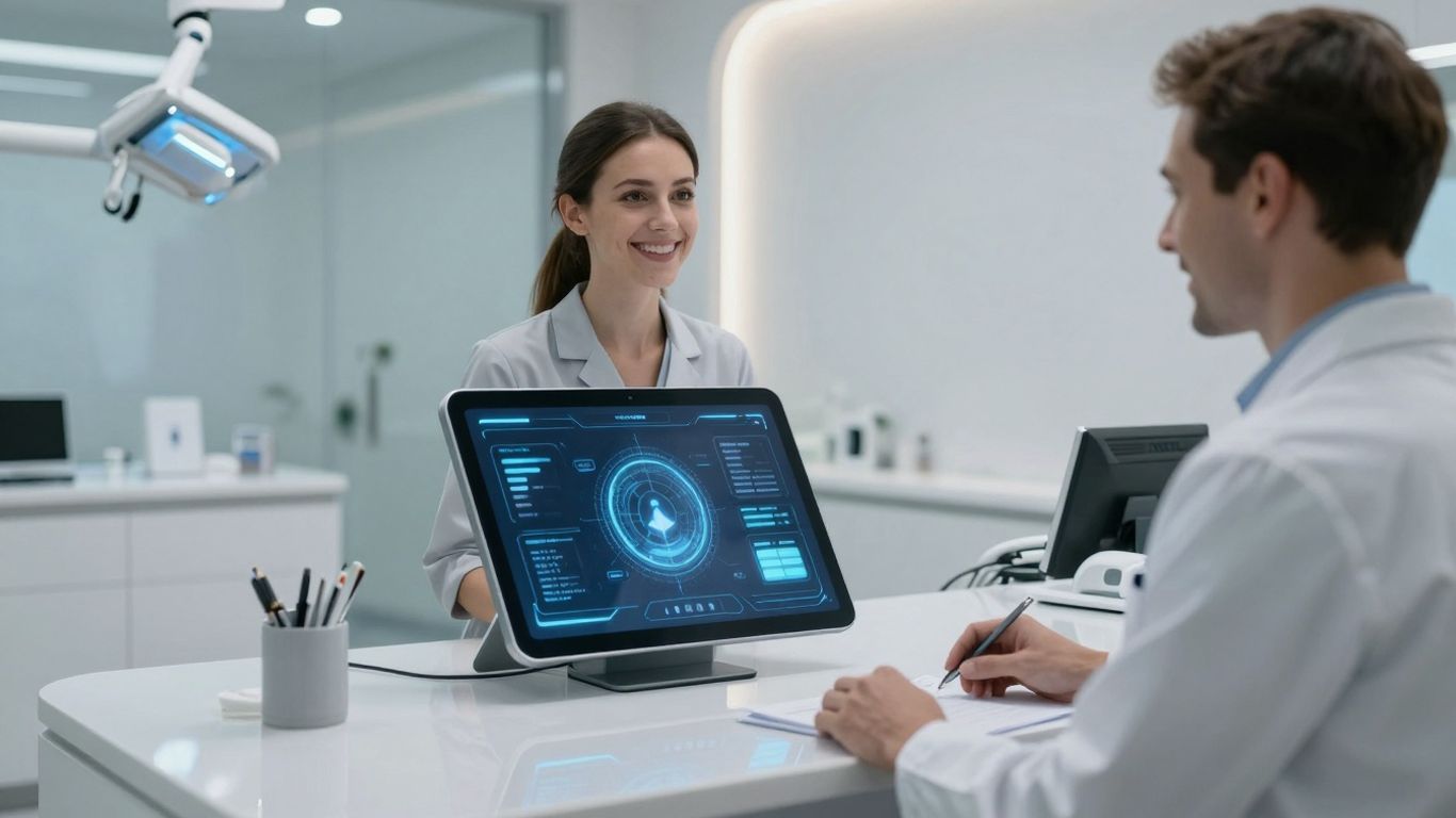 AI dental receptionist interface at a modern clinic desk.