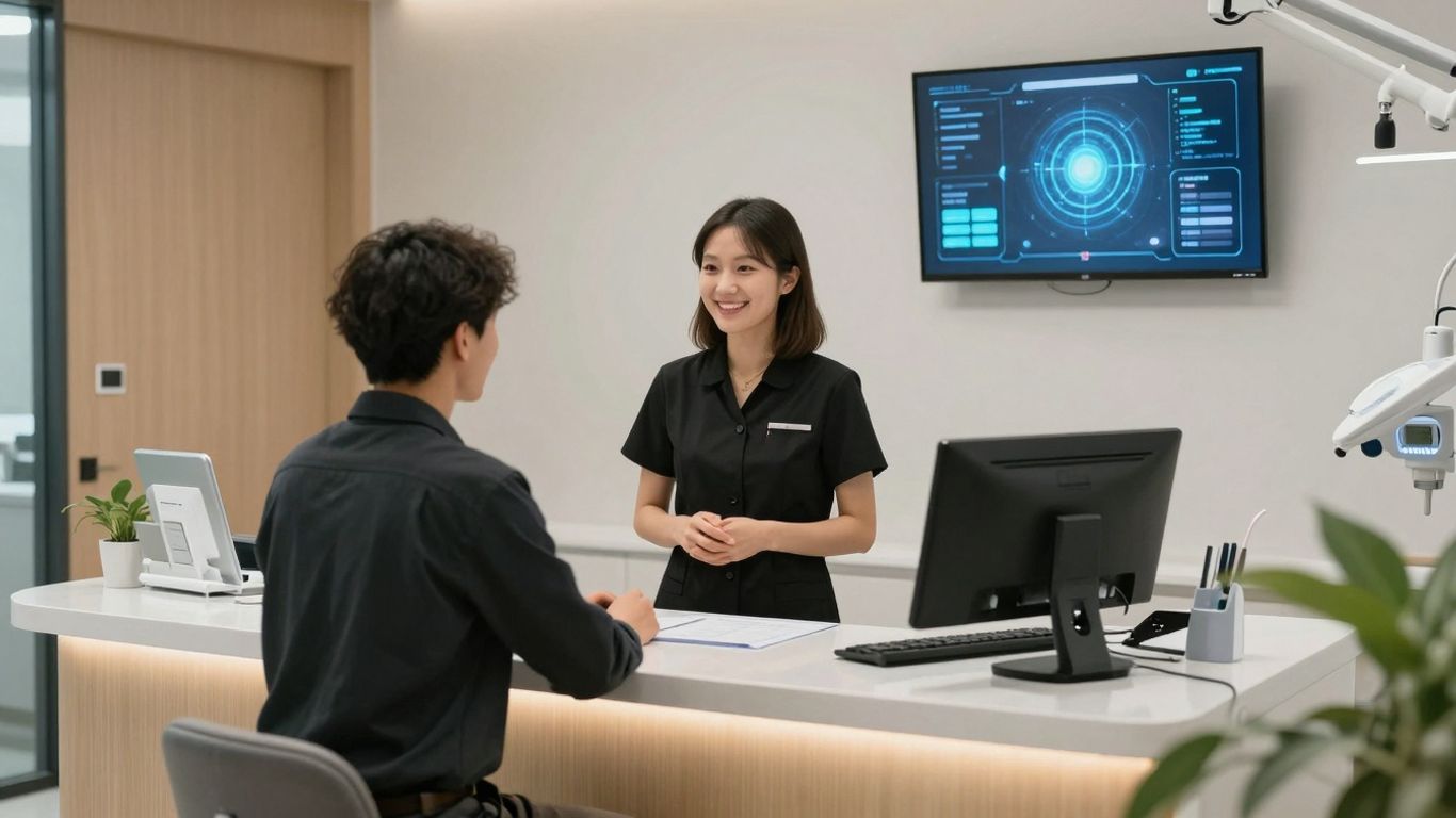Dental receptionist assisting patient with AI technology.