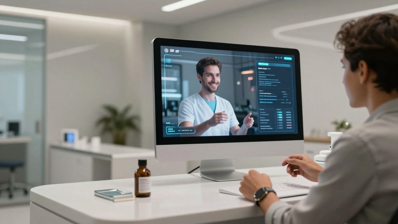 AI receptionist avatar on a dental office screen.