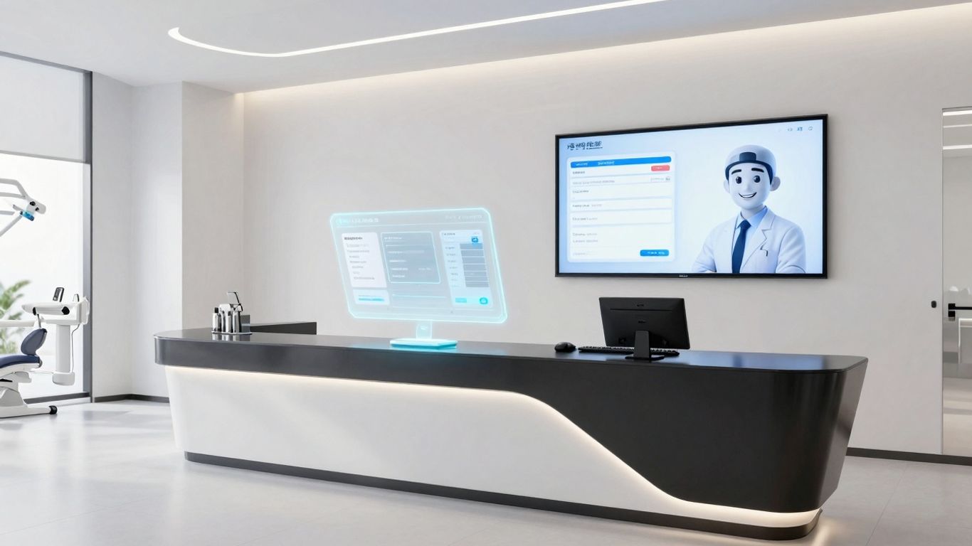 AI receptionist interface in a modern dental office.