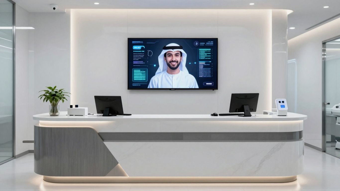 AI dental receptionist interface at a modern clinic counter.